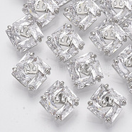 Brass Shank Buttons, with Micro Pave Cubic Zirconia, Square, Clear, Platinum, 10x10x6mm, Hole: 1.4mm(BUTT-S025-042)