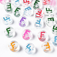 Transparent Clear Acrylic Beads, Horizontal Hole, Flat Round with Mixed Color Letter, Letter.F, 7x3.5mm, Hole: 1.2mm, about 3700pcs/500g(MACR-N008-56F)