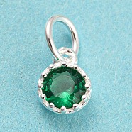 925 Sterling Silver Charms, with Cubic Zirconia, Faceted Flat Round, Silver, Green, 7x5x2.5mm, Hole: 3mm(STER-G035-01D-02)