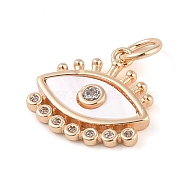 Brass Pave Clear Cubic Zirconia & Shell Eye Charms with Jump Rings, Real 18K Gold Plated, 13.5x14x2.5mm, Hole: 3.5mm(KK-Q816-04G)