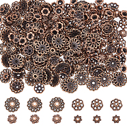 320pcs 4 styles Tibetan Style Alloy Caps, Mixed Shapes, Red Copper, 5.5~12x2~4mm, Hole: 1~2.5mm, 80pcs/style(FIND-DC0003-94)