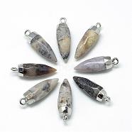 Natural Flower Agate Pointed Pendants, with Brass Findings, Faceted, Dyed, Bullet, Platinum, 25~27x8mm, Hole: 2mm(G-Q495-06P)