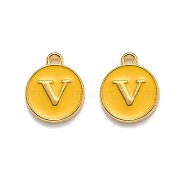 Golden Plated Alloy Enamel Charms, Enamelled Sequins, Flat Round with Alphabet, Letter.V, Yellow, 14x12x2mm, Hole: 1.5mm(ENAM-Q437-13V)