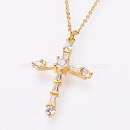 Brass Micro Pave Cubic Zirconia Pendant Necklaces, with Brass Cable Chains, Real 18K Gold Plated, Cross, 17.7 inch(45cm)(NJEW-E111-17G)