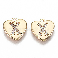 Brass Micro Pave Clear Cubic Zirconia Charms, Nickel Free, Real 18K Gold Plated, Flat Heart, Letter.X, 10x10x1mm, Hole: 1mm(KK-N231-234X-NF)