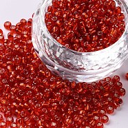 8/0 Glass Seed Beads, Silver Lined Round Hole, Round, Red, 8/0, 3mm, Hole: 1mm, about 1111pcs/50g, 50g/bag, 18bags/2pounds(SEED-US0003-3mm-25)