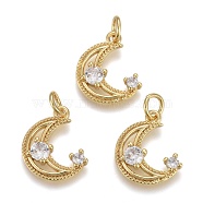 Brass Micro Pave Clear Cubic Zirconia Charms, with Jump Rings, Long-Lasting Plated, Moon, Real 18K Gold Plated, 14x13x3mm, Hole: 3mm(KK-F821-38G)