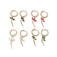 Cubic Zirconia Flower Dangle Hoop Earrings, Real 18K Gold Plated Brass Jewelry for Women, Long-Lasting Plated, Lead Free & Cadmium Free, Mixed Color, 37.5mm, Pendant: 24x11x2.5mm, Pin: 1mm(EJEW-L234-091G)