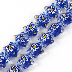 Handmade Lampwork Beads Strands, with Enamel, Star with Sakura Pattern, Blue, 13x13.5x12mm, Hole: 1mm, about 33pcs/strand, 14.72 inch(37.4cm)(LAMP-F029-03A)