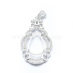 925 Sterling Silver Pendant Bails, with Cubic Zirconia, For Glue-on Flat Pad Bails, teardrop, Carved with 925, Platinum, 38.5x21x4mm, Hole: 5x3mm, Tray: 16.5x8mm, Pin: 0.8mm(STER-P044-02P)