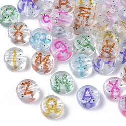 Transparent Spray Painted Acrylic Beads, Horizontal Hole, with Glitter Powder, Flat Round with Letter, Mixed Color, 7x3.5mm, Hole: 1.2mm(X-TACR-N009-22)