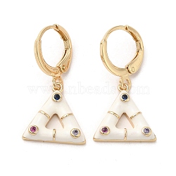 Triangle Real 18K Gold Plated Brass Dangle Leverback Earrings, with Enamel and Cubic Zirconia, White, 27x13.5mm(EJEW-L268-030G-04)