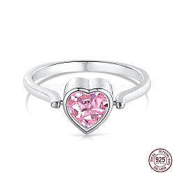 Pink Cubic Zirconia Heart Rotating Finger Ring, Anxiety Stress Relief Rhodium Plated 925 Sterling Silver Birthstone Ring with S925 Stamp, Real Platinum Plated, 1.9mm, US Size 7(17.3mm)(RJEW-F150-63B-P)