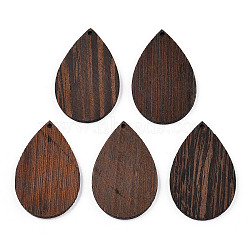 Natural Wenge Wood Pendants, Undyed, Teardrop Charms, Coconut Brown, 48x31.5x3.5mm, Hole: 2mm(WOOD-T023-68)