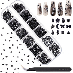 Elite 1440Pcs 12 Style Resin Cabochons Set, 3D Nail Art Accessories, with 1Pc Stainless Steel Beading Tweezers, Black, 2~4x1.3~3.4x0.5~1.3mm, 120Pcs/style(MRMJ-PH0001-65)