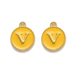 Golden Plated Alloy Enamel Charms, Enamelled Sequins, Flat Round with Alphabet, Letter.V, Yellow, 14x12x2mm, Hole: 1.5mm(ENAM-Q437-13V)