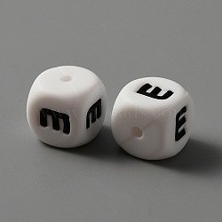 Food Grade Eco-Friendly Silicone Beads, White Cube with Black Letter, Letter.E, 12x12x12mm, Hole: 2mm(SIL-WH0001-41E)