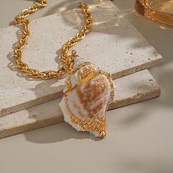Electroplated Natural Large Shell Pendant 304 Stainless Steel Chain Necklaces for Women, Real 18K Gold Plated, Seashell Color, 20.08 inch(51cm)(YL5698-1)