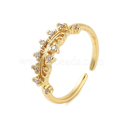 Brass Pave Cubic Zirconia Cuff Rings, Real 18K Gold Plated Wide Band Rings for Women, Flower, 18x6mm, Inner Diameter: Adjustable(RJEW-U012-03G-01)