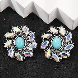 Alloy Synthetic Turquoise Stud Earrings, with Glass, Flower, Antique Silver, 30x28mm(EJEW-U053-02AS)