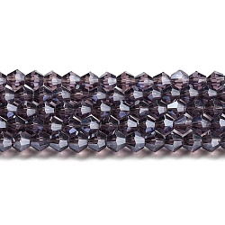Transparent Electroplate Glass Beads Strands, Pearl Luster Plated, Faceted, Bicone, Violet, 3x2.5mm, Hole: 0.7mm, about 162~185pcs/strand, 12.76~14.61 inch(32.4~37.1cm)(GLAA-F029-2mm-C04)