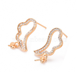 Brass Micro Pave Clear Cubic Zirconia Earring Findings, for Half Drilled Beads, with 925 Sterling Silver Pins, Nickel Free, Wing, Real 18K Gold Plated, 23x11mm, Pin: 0.8mm, Pin: 0.8mm(for Half Drilled Beads)(KK-X0093-10G-NF)