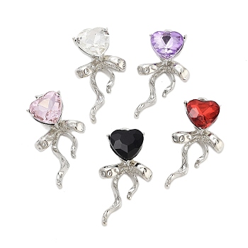 Rack Plating Alloy Glass Pendants, Heart with Bowknot, Platinum, Mixed Color, 31x16x7mm, Hole: 2.5mm