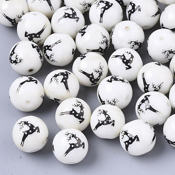 Christmas Opaque Glass Beads, Round with Electroplate Elk Christmas Reindeer/Stag Pattern, Gunmetal Plated, 10mm, Hole: 1.2mm