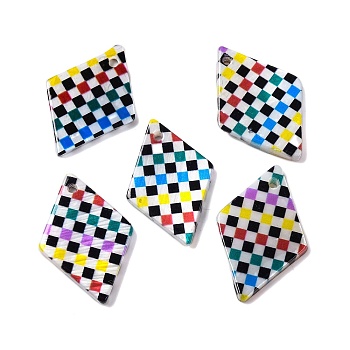 Natural Freshwater Shell Pendants, Tartan Printed Rhombus Charms, Colorful, 21x14x2mm, Hole: 1.2mm