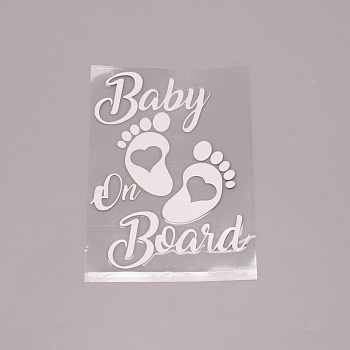 Waterproof PET Refective Sticker, for Car Window Decoration, Baby Footprints & Word Baby On Board, White, 15x11.5cm