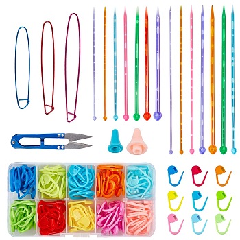 DIY Sweater Kits, with Plastic Knitting Needles & Knitting Needle Caps & Stitch Needle Clip, Aluminum Stitch Holder and Iron Scissors, Mixed Color, 200x30mm
