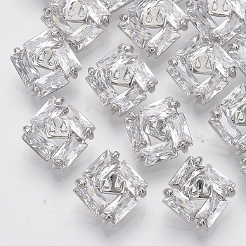 Brass Shank Buttons, with Micro Pave Cubic Zirconia, Square, Clear, Platinum, 10x10x6mm, Hole: 1.4mm