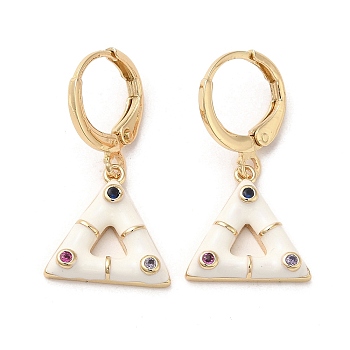 Triangle Real 18K Gold Plated Brass Dangle Leverback Earrings, with Enamel and Cubic Zirconia, White, 27x13.5mm