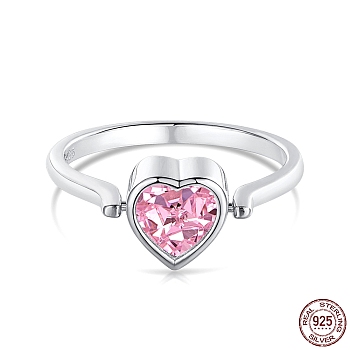 Pink Cubic Zirconia Heart Rotating Finger Ring, Anxiety Stress Relief Rhodium Plated 925 Sterling Silver Birthstone Ring with S925 Stamp, Real Platinum Plated, 1.9mm, US Size 7(17.3mm)