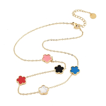 304 Stainless Steel Necklace, with Resin, Shell, Flower, Golden, 15.67~15.87 inch(39.8~40.3cm)