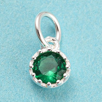 925 Sterling Silver Charms, with Cubic Zirconia, Faceted Flat Round, Silver, Green, 7x5x2.5mm, Hole: 3mm