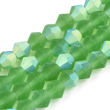 Imitate Austrian Crystal Bicone Frosted Glass Beads Strands, Grade AA, Faceted, Lime Green, 4x4mm, Hole: 1mm, about 82~85pcs/strand, 12.01~12.2 inch(30.5~31cm)