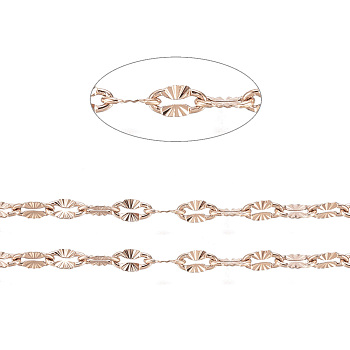 3.28 Feet Ion Plating(IP) 304 Stainless Steel Textured Dapped Chains, Cable Chains, Soldered, Flat Oval, Rose Gold, 4x2x0.5mm