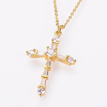 Brass Micro Pave Cubic Zirconia Pendant Necklaces, with Brass Cable Chains, Real 18K Gold Plated, Cross, 17.7 inch(45cm)