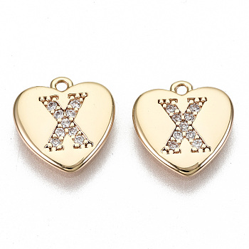 Brass Micro Pave Clear Cubic Zirconia Charms, Nickel Free, Real 18K Gold Plated, Flat Heart, Letter.X, 10x10x1mm, Hole: 1mm