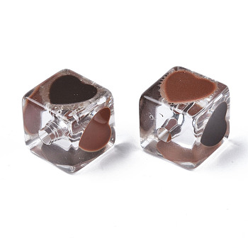 Transparent Acrylic Beads, with Enamel, Cube with Heart, Saddle Brown, 14.5x14x14mm, Hole: 3mm