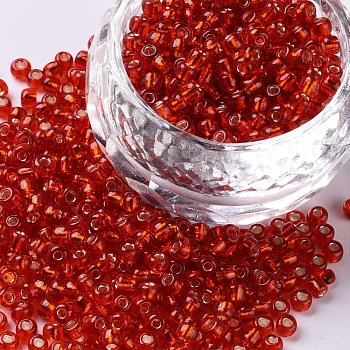 8/0 Glass Seed Beads, Silver Lined Round Hole, Round, Red, 8/0, 3mm, Hole: 1mm, about 1111pcs/50g, 50g/bag, 18bags/2pounds