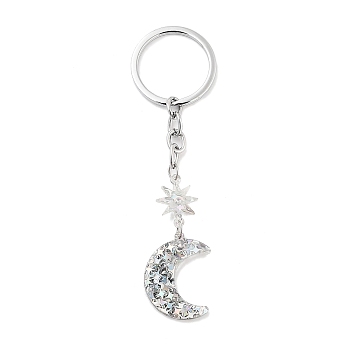 Stainless Steel Keychains, with Acrylic Pendants, Moon, Silver, 10.6cm