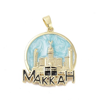 Rack Plating Brass Enamel Pendants, Long-Lasting Plated, Lead Free & Cadmium Free, Real 18K Gold Plated, Flat Round with MAKKAH Charm, Light Blue, 30x26x3mm, Hole: 5.5x3.5mm