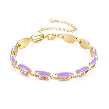 Brass Micro Pave Cubic Zirconia Link Chain Bracelet for Women, Enamel Oval Bracelets, Nickel Free, Real 18K Gold Plated, Medium Orchid, 6-7/8 inch(17.5cm), 7mm