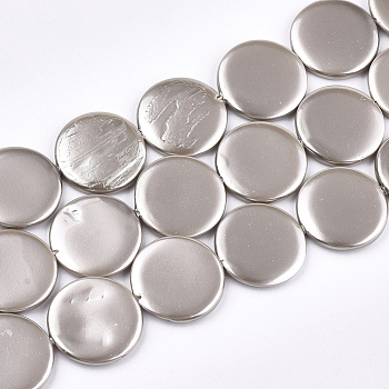 Shell Pearl Beads Strands, Spray Painted, Flat Round, Silver, 20x3mm, Hole: 1mm, about 20pcs/strand, 15.9 inch