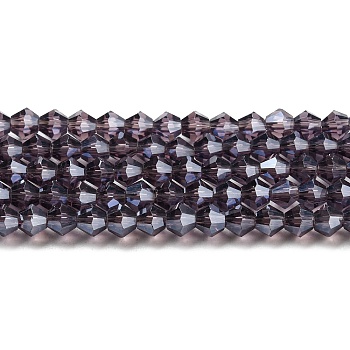 Transparent Electroplate Glass Beads Strands, Pearl Luster Plated, Faceted, Bicone, Violet, 3x2.5mm, Hole: 0.7mm, about 162~185pcs/strand, 12.76~14.61 inch(32.4~37.1cm)