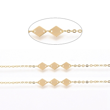 Brass Cable Chain, Soldered, with Spool, Flat Oval, Long-Lasting Plated, Rhombus, Real 18K Gold Plated, 2x1.5x0.3mm & 3x2.5x0.5mm, Rhombus: 6x8.5x0.5mm, about 32.8 Feet(10m)/roll