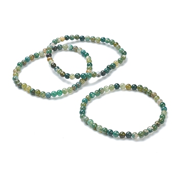 Natural Moss Agate Beaded Stretch Bracelets, Round, Beads: 4~5mm, Inner Diameter: 2-1/4 inch(5.65cm)