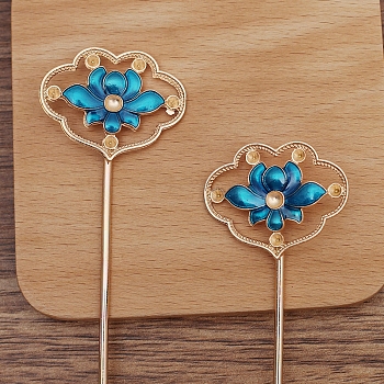 Iron Enamel Hair Stick Findings, Rhinestones Settings, with Alloy Lotus, Light Gold, Pin Size: 120x2.5mm, Fit for 3mm Rhinestones